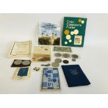 BAG OF ASSORTED COINAGE AND BANK NOTES TO INCLUDE COMMEMORATIVE CROWNS, ETC.