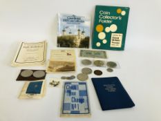 BAG OF ASSORTED COINAGE AND BANK NOTES TO INCLUDE COMMEMORATIVE CROWNS, ETC.