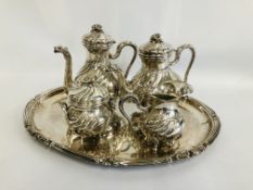 FIVE PIECE COFFEE AND TEA SET COMPRISING LARGE TRAY, TEA AND COFFEE POT, MILK AND SUGAR,