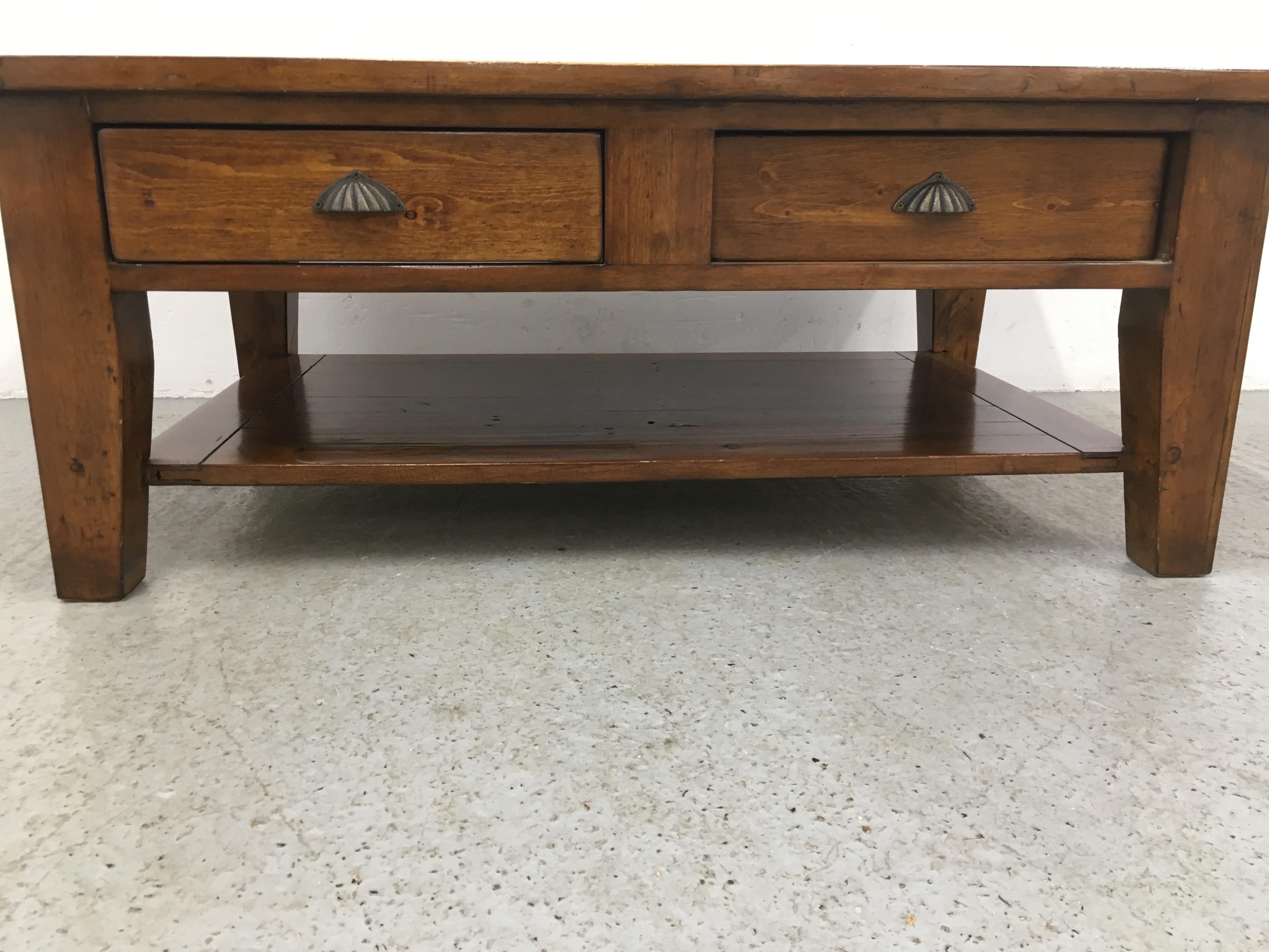 MODERN HARDWOOD TWO DRAWER COFFEE TABLE WITH CUP HANDLES - Image 8 of 8