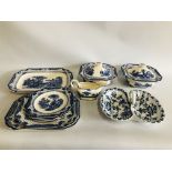 A MEISEN BLUE AND WHITE TWIN SCOLLOP ENTRE DISH AND 11 PIECES ADAMS "LANDSCAPE" BLUE AND WHITE
