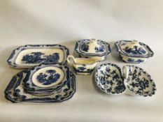 A MEISEN BLUE AND WHITE TWIN SCOLLOP ENTRE DISH AND 11 PIECES ADAMS "LANDSCAPE" BLUE AND WHITE