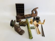 BOX OF ASSORTED VINTAGE COLLECTIBLES, FISHING REEL, MINIATURE WOODEN DRESSER,