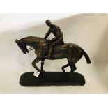 A BRONZE EFFECT STUDY OF JOCKEY & RACEHORSE, THE PLINTH MARKED O.