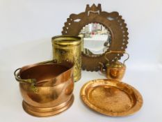 COLLECTION OF BRASS AND COPPER TO INCLUDE ETHNIC COPPER FRAMED WALL MIRROR,