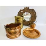 COLLECTION OF BRASS AND COPPER TO INCLUDE ETHNIC COPPER FRAMED WALL MIRROR,