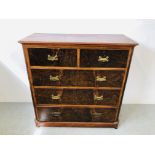 A VICTORIAN MAHOGANY TWO OVER THREE CHEST OF DRAWERS WITH PLATE BRASS FITTINGS AND DEEP BLANKET