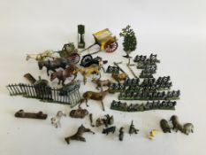 COLLECTION OF VINTAGE LEAD FARM ANIMALS, HORSES, CARRIAGES, RAILINGS, ETC.
