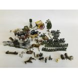 COLLECTION OF VINTAGE LEAD FARM ANIMALS, HORSES, CARRIAGES, RAILINGS, ETC.