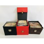 3 CASES CONTAINING MIXED 45 RPM RECORDS TO INCLUDE THE POLICE, MADONA, BEATLES, STATUS QUO, ELVIS,