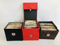 3 CASES CONTAINING MIXED 45 RPM RECORDS TO INCLUDE THE POLICE, MADONA, BEATLES, STATUS QUO, ELVIS,