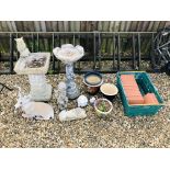A GROUP OF STONEWORK AND OTHER GARDEN FEATURES TO INCLUDE TWO BIRD BATHS, PLANTERS,