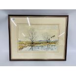 MARTIN SEXTON FRAMED WATERCOLOUR "DUCKS IN FLIGHT" H 30CM. X W 45CM.