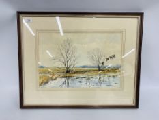 MARTIN SEXTON FRAMED WATERCOLOUR "DUCKS IN FLIGHT" H 30CM. X W 45CM.