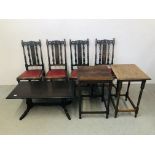 A SET OF FOUR OAK HIGH BACK SIDE CHAIRS WITH CARVED BACK RESTS AND RED DROP IN SEATS,