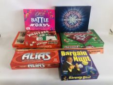VARIOUS GAMES TO INCLUDE TWO CUSHION REBOUND, CAREERS, ALIAS, YAHTZEE, BATTLE WORDS, BARGAIN HUNT,