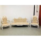 A GILT AND WHITE FINISH OPEN ARM THREE PIECE LOUNGE SUITE WITH CREAM BUTTON BACK UPHOLSTERY