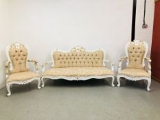 A GILT AND WHITE FINISH OPEN ARM THREE PIECE LOUNGE SUITE WITH CREAM BUTTON BACK UPHOLSTERY