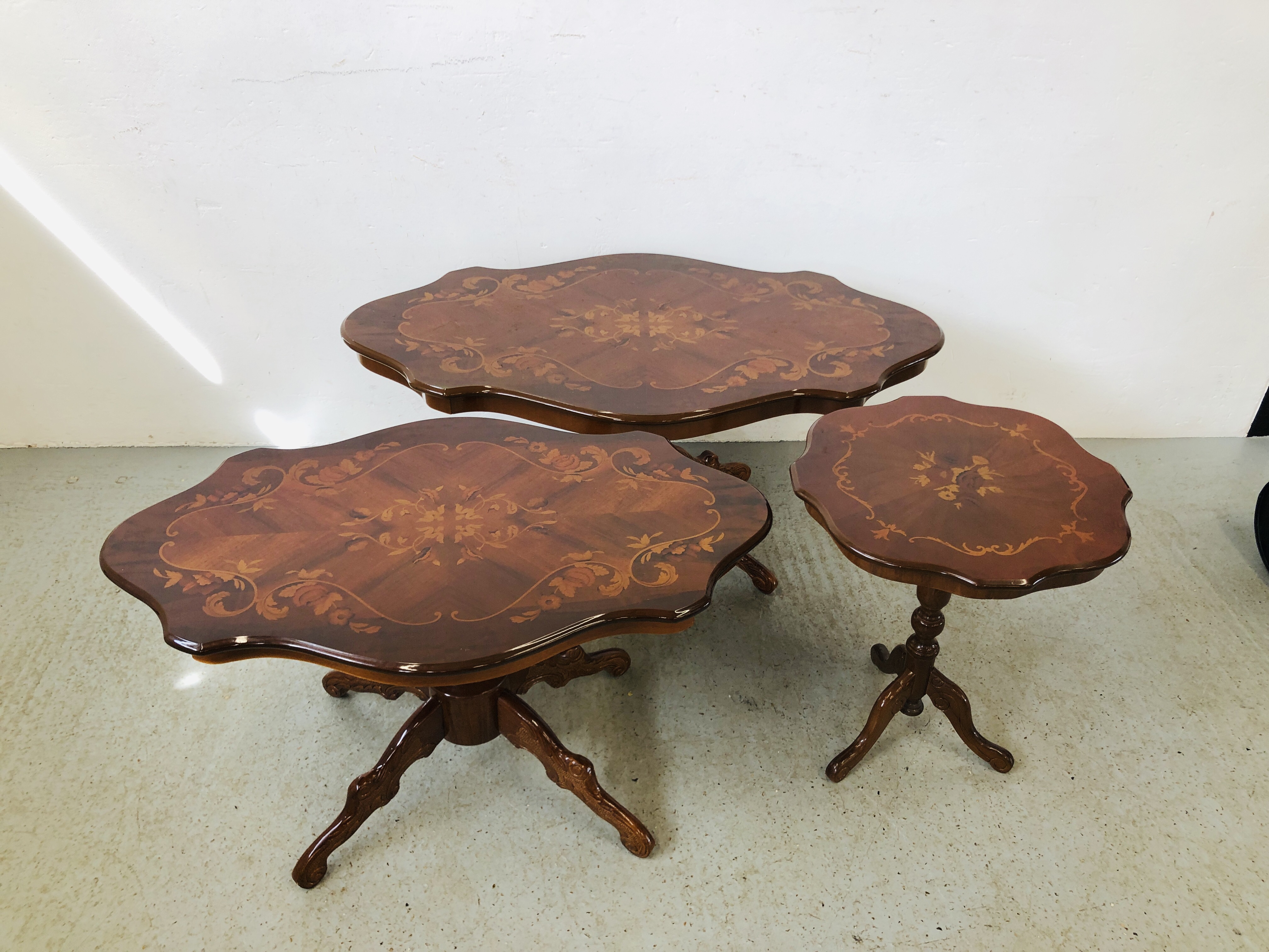 TWO REPRODUCTION ITALIAN SINGLE PEDESTAL STYLE OCCASIONAL TABLES