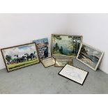 COLLECTION OF PICTURES AND PRINTS TO INCLUDE FRAMED OIL ON BOARD "HORSE AND CART" BEARING SIGNATURE