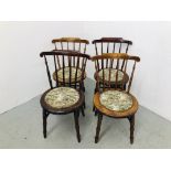 A SET OF FOUR PENNY SEAT STICK BACK CHAIRS THE SEATS WITH TAPESTRY UPHOLSTERED CUSHIONS