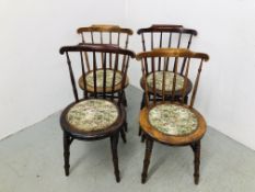 A SET OF FOUR PENNY SEAT STICK BACK CHAIRS THE SEATS WITH TAPESTRY UPHOLSTERED CUSHIONS