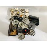 COLLECTION OF VINTAGE/MODERN FLY FISHING REELS ALONG WITH VARIOUS CASED FISH FLIES, ETC.