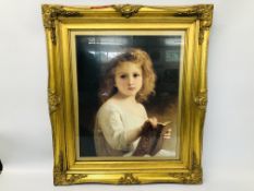 GILT FRAMED PORTRAIT "YOUNG GIRL READING A BOOK" UNSIGNED H 58CM,