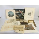 COLLECTION OF UNFRAMED PRINT, PICTURES AND VINTAGE ETCHINGS, ETC.