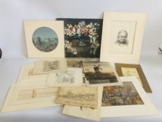 COLLECTION OF UNFRAMED PRINT, PICTURES AND VINTAGE ETCHINGS, ETC.