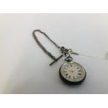 AN ORNATE SILVER POCKET WATCH WITH DECORATIVE ENAMELLED FACE ON SILVER T-BAR CHAIN