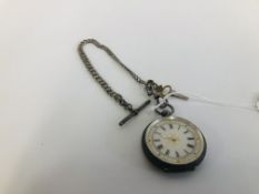 AN ORNATE SILVER POCKET WATCH WITH DECORATIVE ENAMELLED FACE ON SILVER T-BAR CHAIN