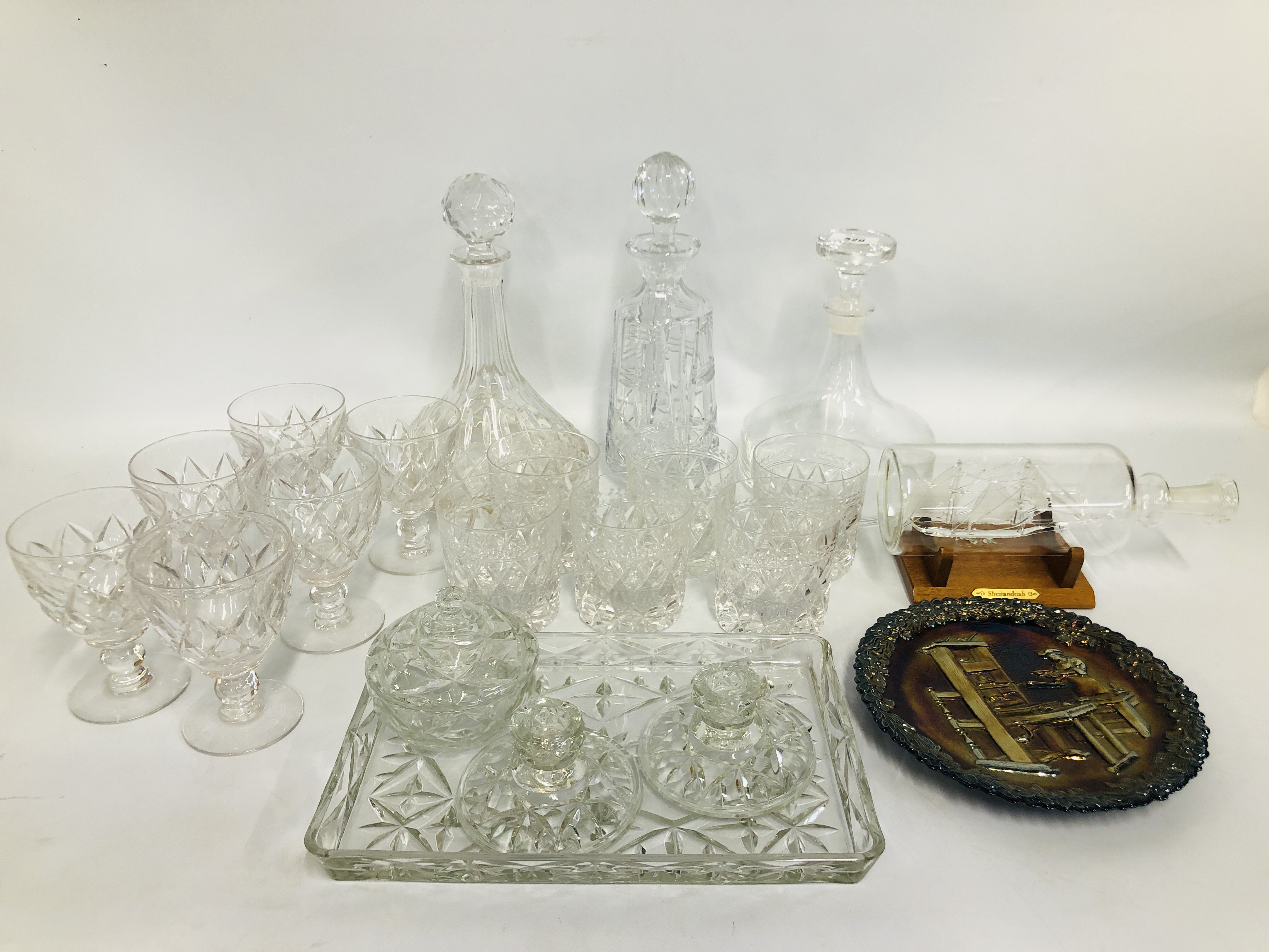 VINTAGE 4 PIECE DRESSING TABLE SET, CUT GLASS DECANTER AND 6 GLASSES, CUT GLASS DECANTER, ONE OTHER,