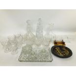 VINTAGE 4 PIECE DRESSING TABLE SET, CUT GLASS DECANTER AND 6 GLASSES, CUT GLASS DECANTER, ONE OTHER,