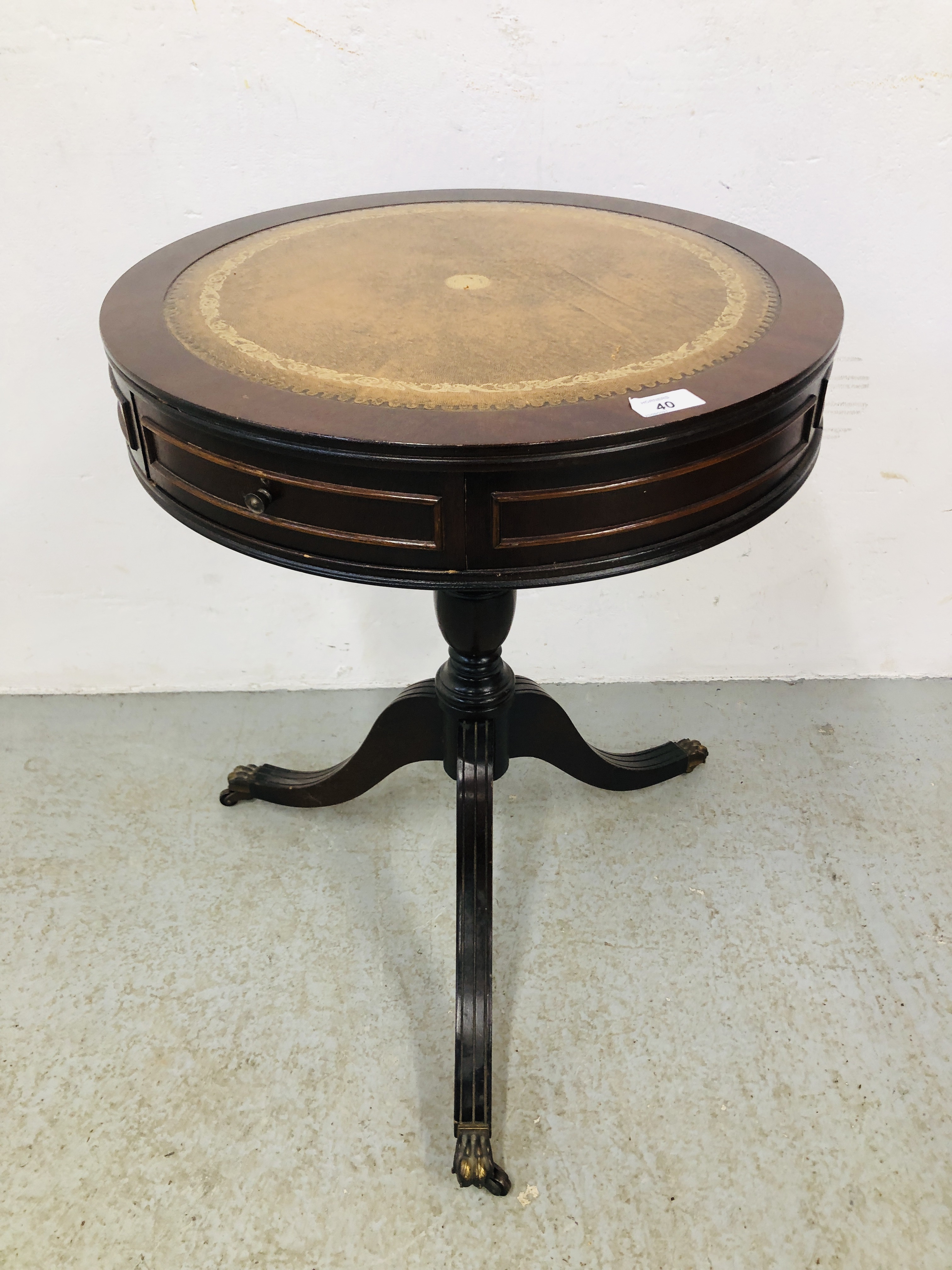 REPRODUCTION SINGLE PEDESTAL DRUM TABLE WITH TOOLED LEATHER TOP