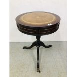 REPRODUCTION SINGLE PEDESTAL DRUM TABLE WITH TOOLED LEATHER TOP