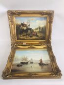 TWO REPRODUCTION GILT FRAMED PRINTS OF "HORSES AND FARM STOCK IN FARMYARD" 29.