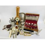 BOX OF ASSORTED PLATED WARE TO INCLUDE CLARET JUG, THREE PIECE TEA AND COFFEE SET,