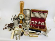 BOX OF ASSORTED PLATED WARE TO INCLUDE CLARET JUG, THREE PIECE TEA AND COFFEE SET,