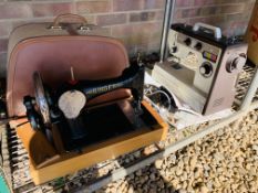 VINTAGE SINGER SEWING MACHINE IN FOTTED CASE ALONG WITH A JONES SEWING MACHINE FOOT PEDAL AND