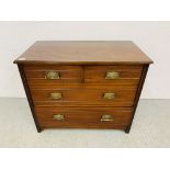 AN EDWARDIAN MAHOGANY TWO OVER TWO CHEST OF DRAWERS WITH BRASS FITTINGS W 92CM, D 49CM,