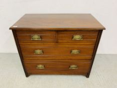 AN EDWARDIAN MAHOGANY TWO OVER TWO CHEST OF DRAWERS WITH BRASS FITTINGS W 92CM, D 49CM,