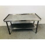 A LOW LEVEL STAINLESS STEEL CATERING PREPARATION TABLE LENGTH 122CM.