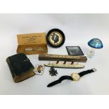 BOX OF MIXED COLLECTABLE'S TO INCLUDE IRIDESCENT GLASS MUSHROOM AND A DIECAST QUEEN MARY
