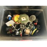 FISHING BOX AND ASSORTED FISHING ACCESSORIES TO INCLUDE HOOKS,