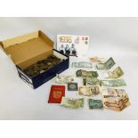BOX OF ASSORTED VINTAGE COINAGE AND BANK NOTES, ETC.