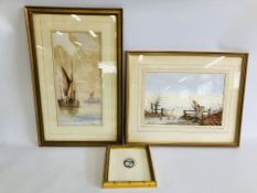 A FRAMED WATERCOLOUR 'SHIPS IN HARBOUR' BEARING SIGNATURE N. STEWART 9 X 40CM.