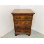 A REPRODUCTION YEW WOOD FINISH MINATURE FOUR DRAWER CHEST W 48CM, D 38CM,