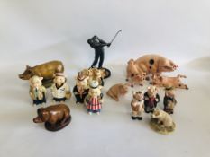A COLLECTION OF 15 VARIOUS PIG ORNAMENTS AND BRONZE EFFECT GOLFER FIGURE TO INCLUDE FARMYARD