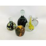 3 X MDINA GLASS PAPERWEIGHTS ALONG WITH 2 MOLINA VASES ALL SIGNED MOLINA TO BASE